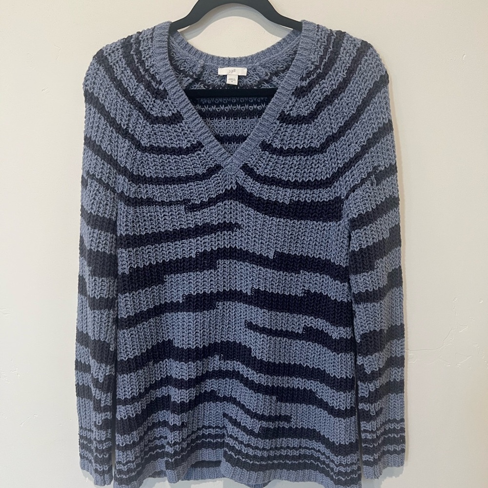 J.Jill Striped V-Neck Knit Sweater Blue and Black Size Medium Cozy Casual